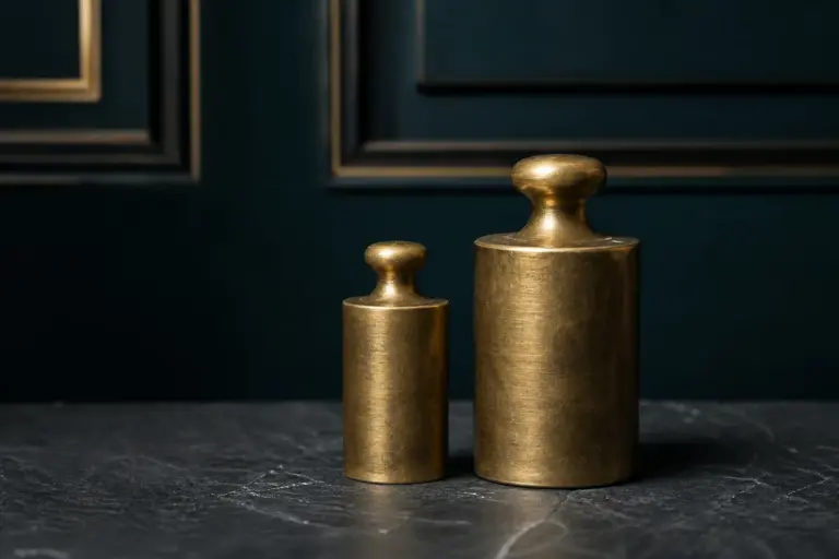 Two brass weights of different sizes side by side, representing a cost comparison