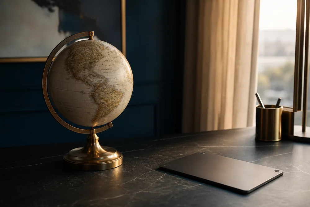 A brass world globe beside a tablet, representing access to global markets