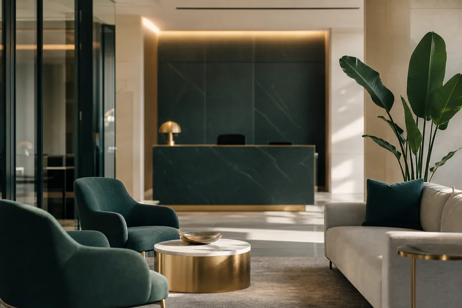A calm modern office reception with an empty seating area
