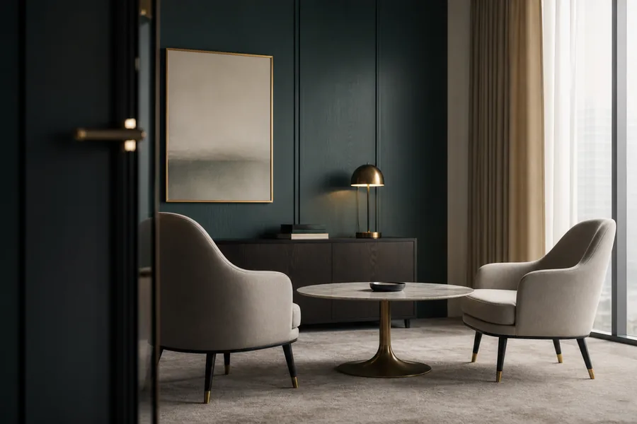 An empty meeting room with two chairs facing each other