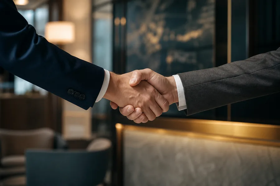 Two people shaking hands in an office lobby, framed on the hands only