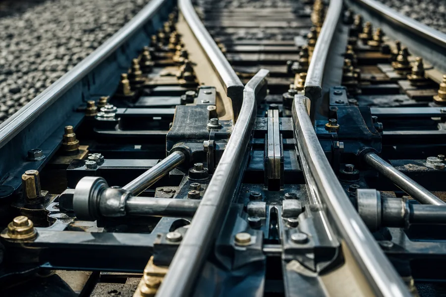 A polished steel railway points mechanism, representing order routing