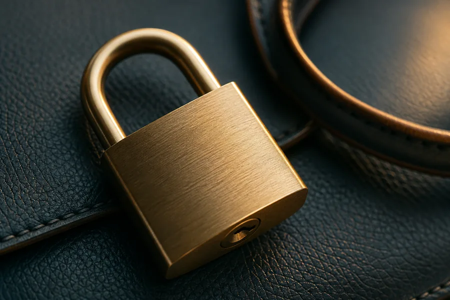 A brass padlock resting on dark leather