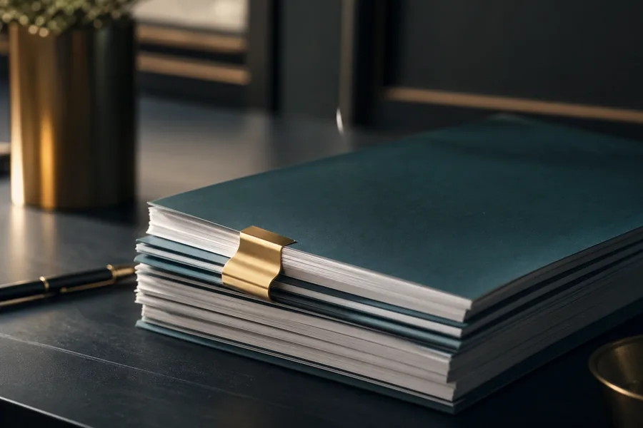 A stack of bound documents secured with a brass clip