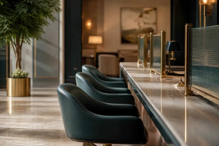 A private banking counter with three empty seats, representing three account tiers