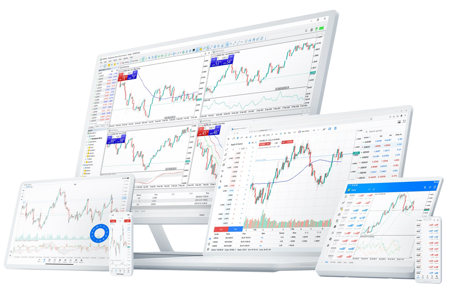The MetaTrader 5 terminal showing a multi-chart layout with indicators, Market Watch quotes and the order panel